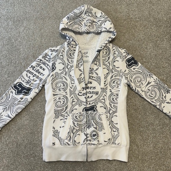 Fox Girls M Sherpa Lined Zip Up Hoodie White Black Tattoo print Motocross Y2k - Picture 2 of 7